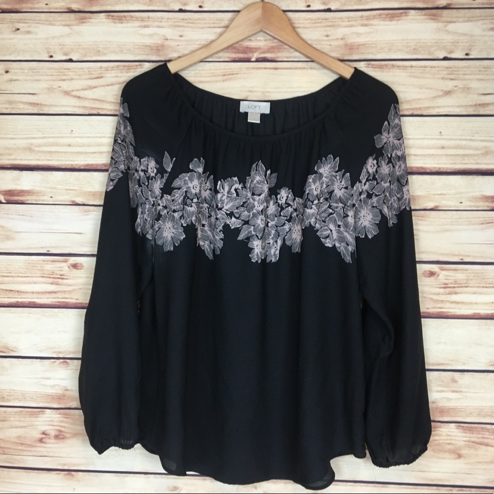 LOFT Floral Print Blouse Long Sleeve Black Pink L